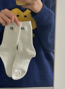 袜子女夏季薄款中筒袜棉质透气排汗女袜潮流女生可爱搞怪黑白萌眼