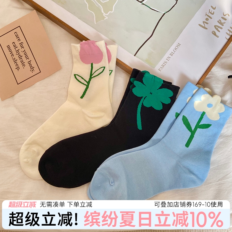袜子女春夏薄款棉花朵中筒袜