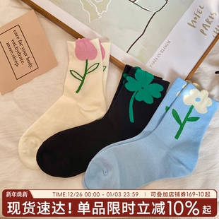 袜子女夏季 中筒袜女生甜美花朵纯棉袜吸汗透气百搭小众 堆堆袜薄款