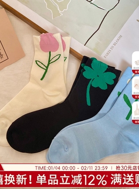 袜子女夏季堆堆袜薄款中筒袜女生甜美花朵纯棉袜吸汗透气百搭小众