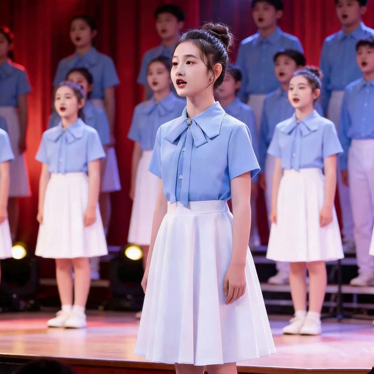 中小学生朗诵合唱演出演讲比赛儿童中国风诗歌蓝爱国主题主持礼服图片