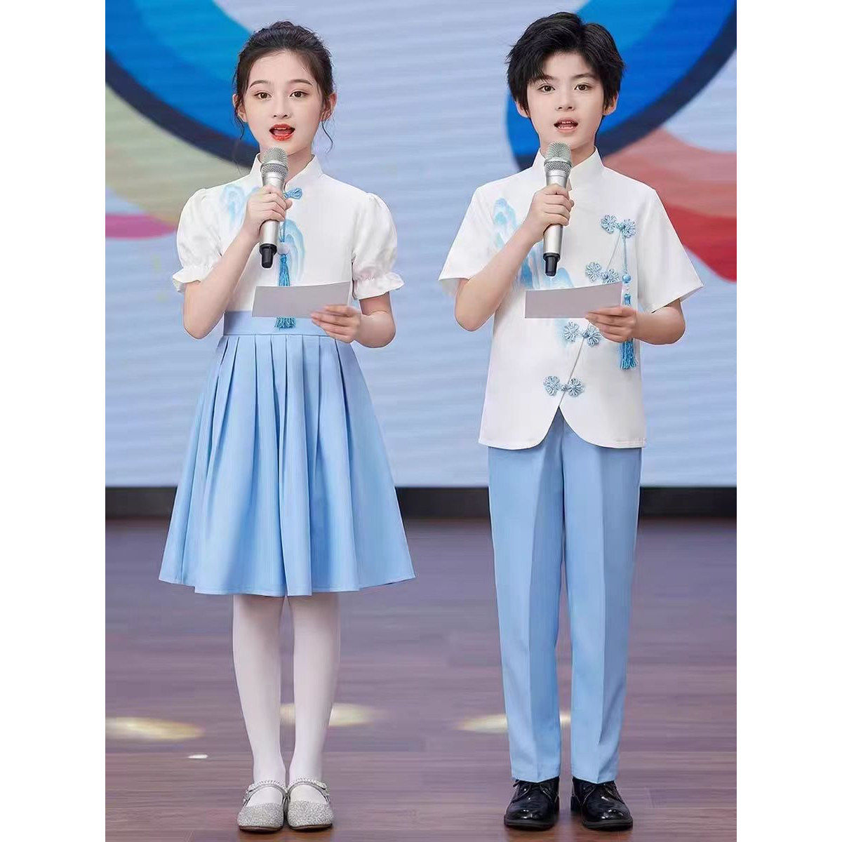儿童中国风大合唱团演出服装蓝色诗歌朗诵表演服爱国演讲表演服