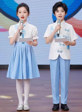儿童中国风大合唱团演出服装蓝色诗歌朗诵表演服爱国演讲表演服