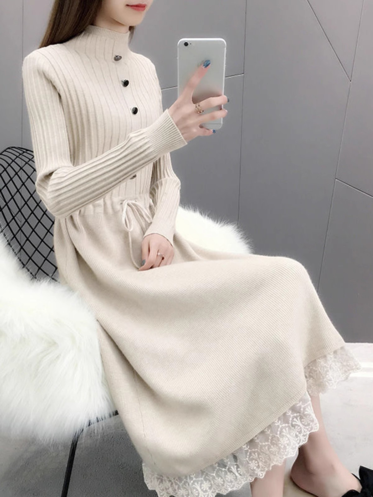 蕾丝针织连衣裙女秋冬季加厚2025新款显瘦配大衣内搭打底毛衣裙子