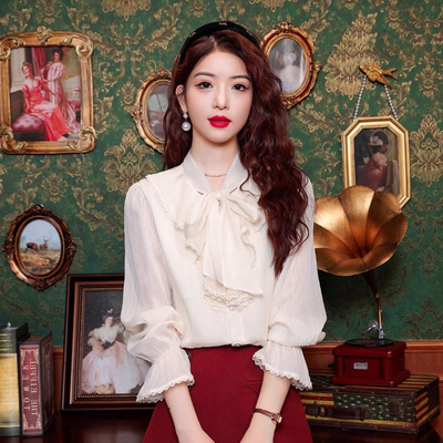 法式雪纺衬衫女士长袖春秋2025新款高级感减龄洋气小衫蝴蝶结上衣