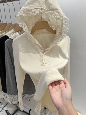 连帽蕾丝长袖t恤女秋冬季加绒2025新款高级感磨毛打底衫内搭上衣