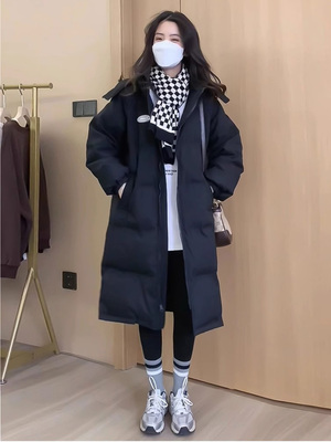 羽绒棉服女冬季加厚2025年新款黑色中长款棉衣棉袄连帽面包服外套