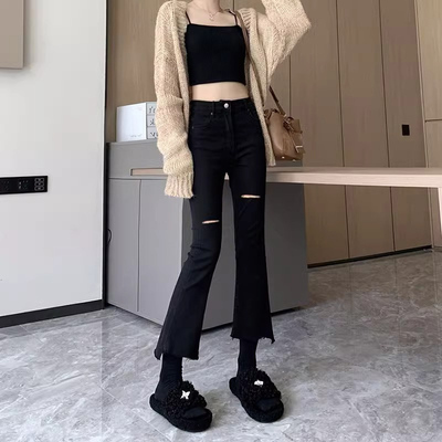 黑色破洞微喇牛仔裤女2025新款夏季薄款高腰显瘦小个子九分喇叭裤