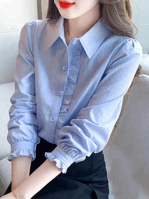 蓝色法式衬衫女士长袖秋冬2025新款高级感减龄洋气木耳边衬衣上衣