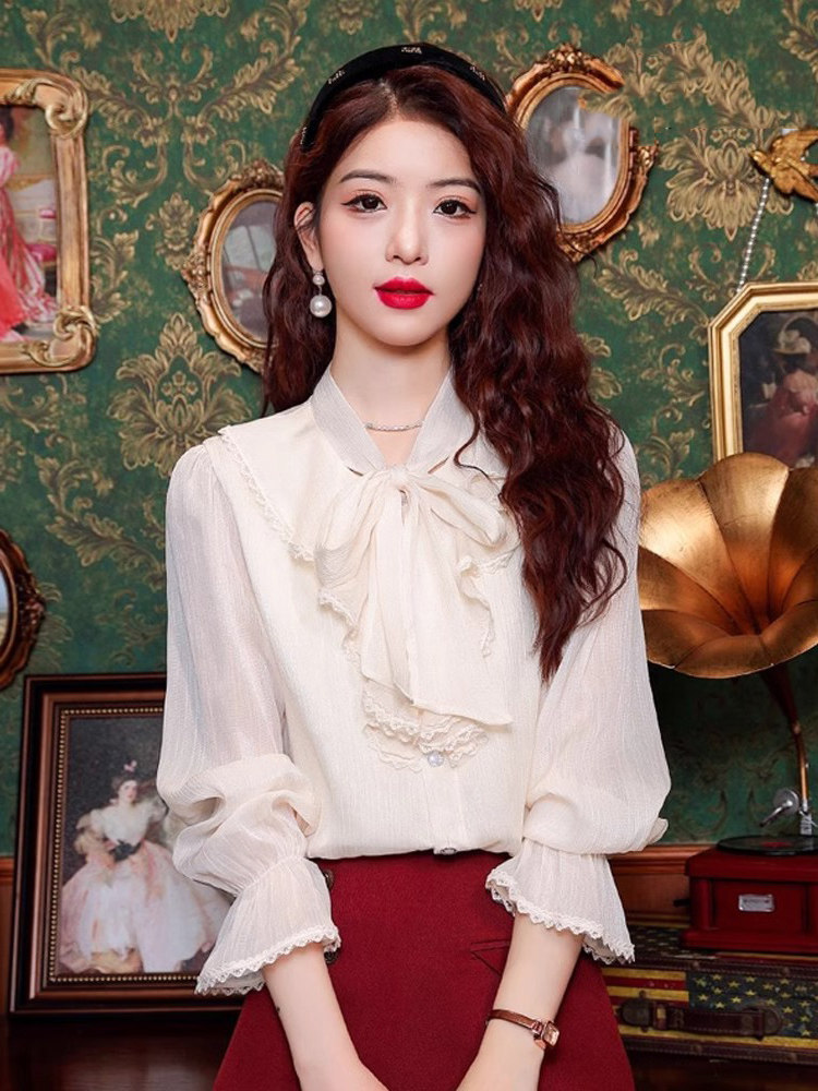 法式雪纺衬衫女士长袖春秋2025新款高级感减龄洋气小衫蝴蝶结上衣
