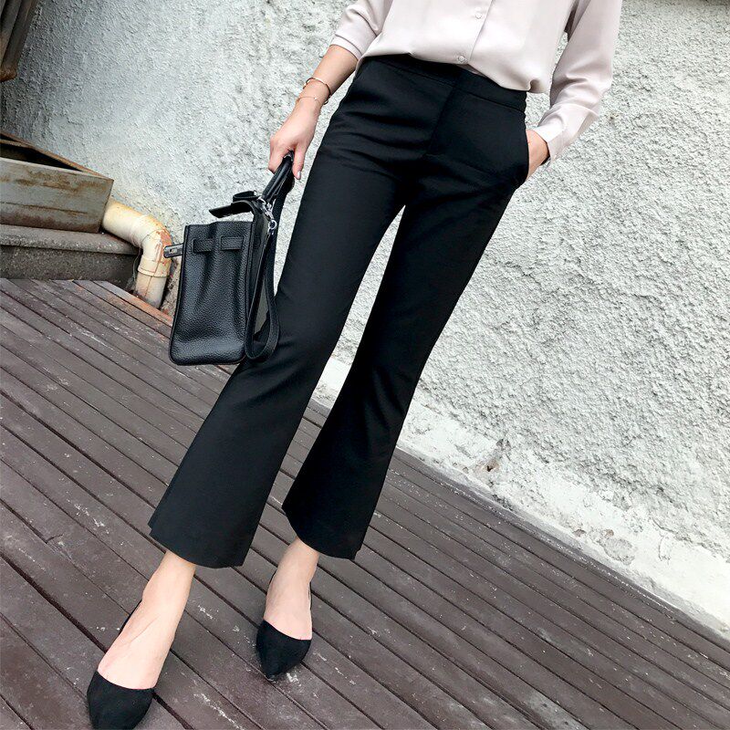 黑色西装裤女春秋2025新款高腰直筒显瘦小个子九分休闲微喇叭裤子