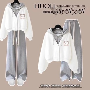 套装女春秋薄款2025新款小个子连帽运动衫外套阔腿裤休闲 时尚两