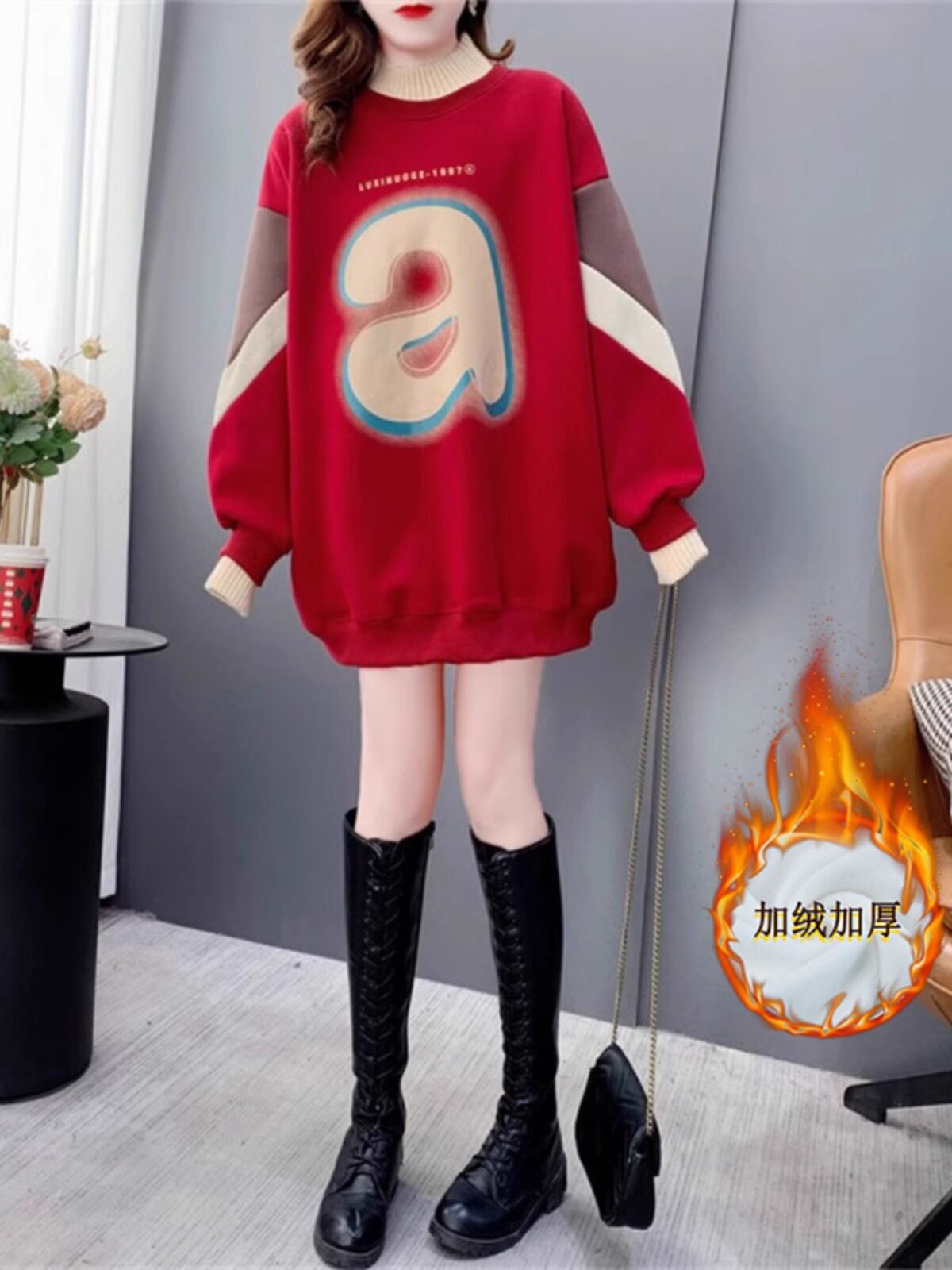 半高领卫衣女秋冬加绒加厚2025新款时尚洋气中长款假两件外套上衣