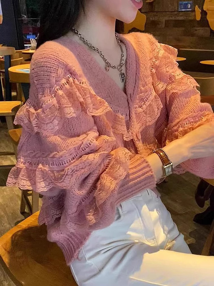 蕾丝针织开衫女秋冬季2025新款高级感小个子外穿v领毛衣外套上衣