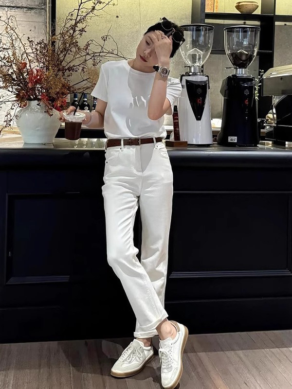 白色直筒牛仔裤女夏季薄款2025新款高腰垂感显瘦小个子九分烟管裤