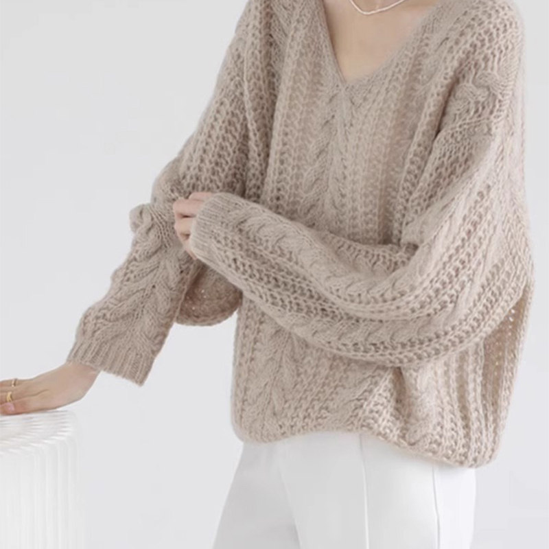 毛衣女春秋2025新款宽松慵懒风小个子V领镂空针织打底衫内搭上衣