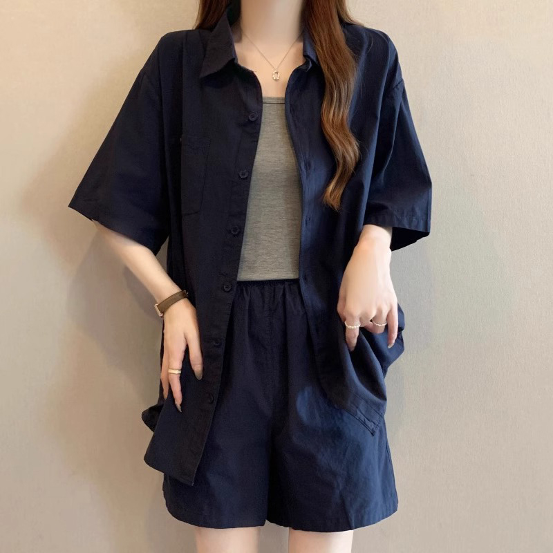 套装女夏季薄款2025新款高级感大码工装短袖衬衫短裤休闲三件套装