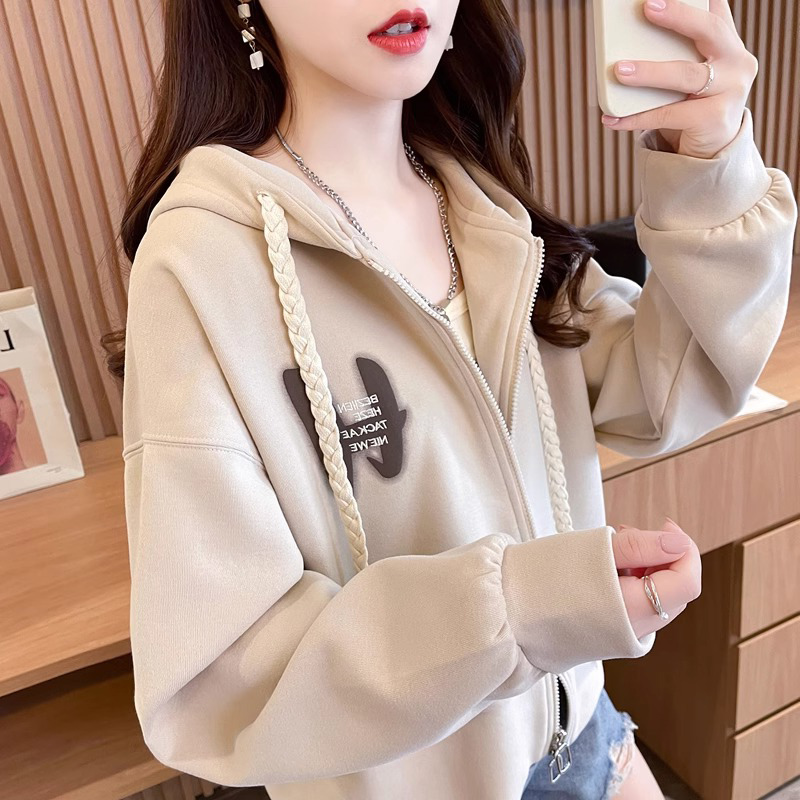 连帽卫衣女秋冬季加绒2024新款宽松大码慵懒风小个子拉链开衫外套