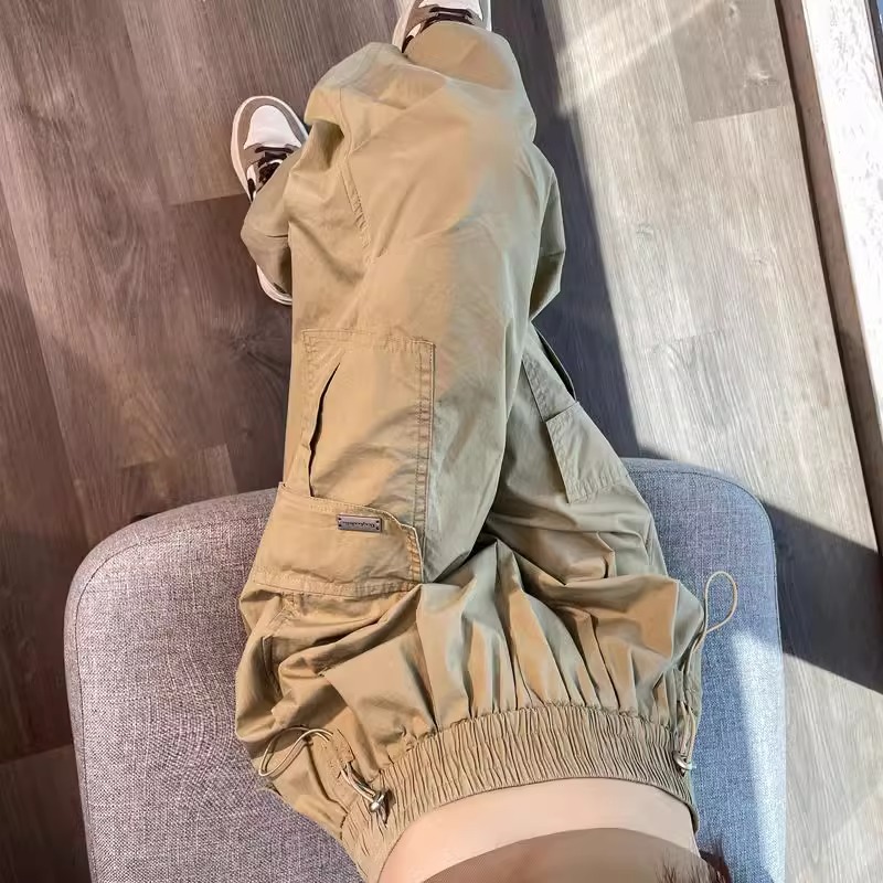 美式工装裤女夏季薄款2025新款高腰直筒小个子休闲冰丝阔腿运动裤