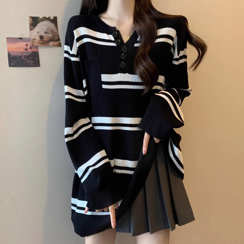 条纹针织衫女春秋季2025新款宽松大码慵懒风中长款毛衣打底衫上衣