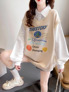 polo领长袖t恤女秋冬加绒2025新款宽松大码中长款假两件卫衣上衣