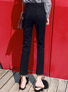 黑色直筒牛仔裤女春秋2025年新款高腰显瘦窄版小个子九分烟管裤子