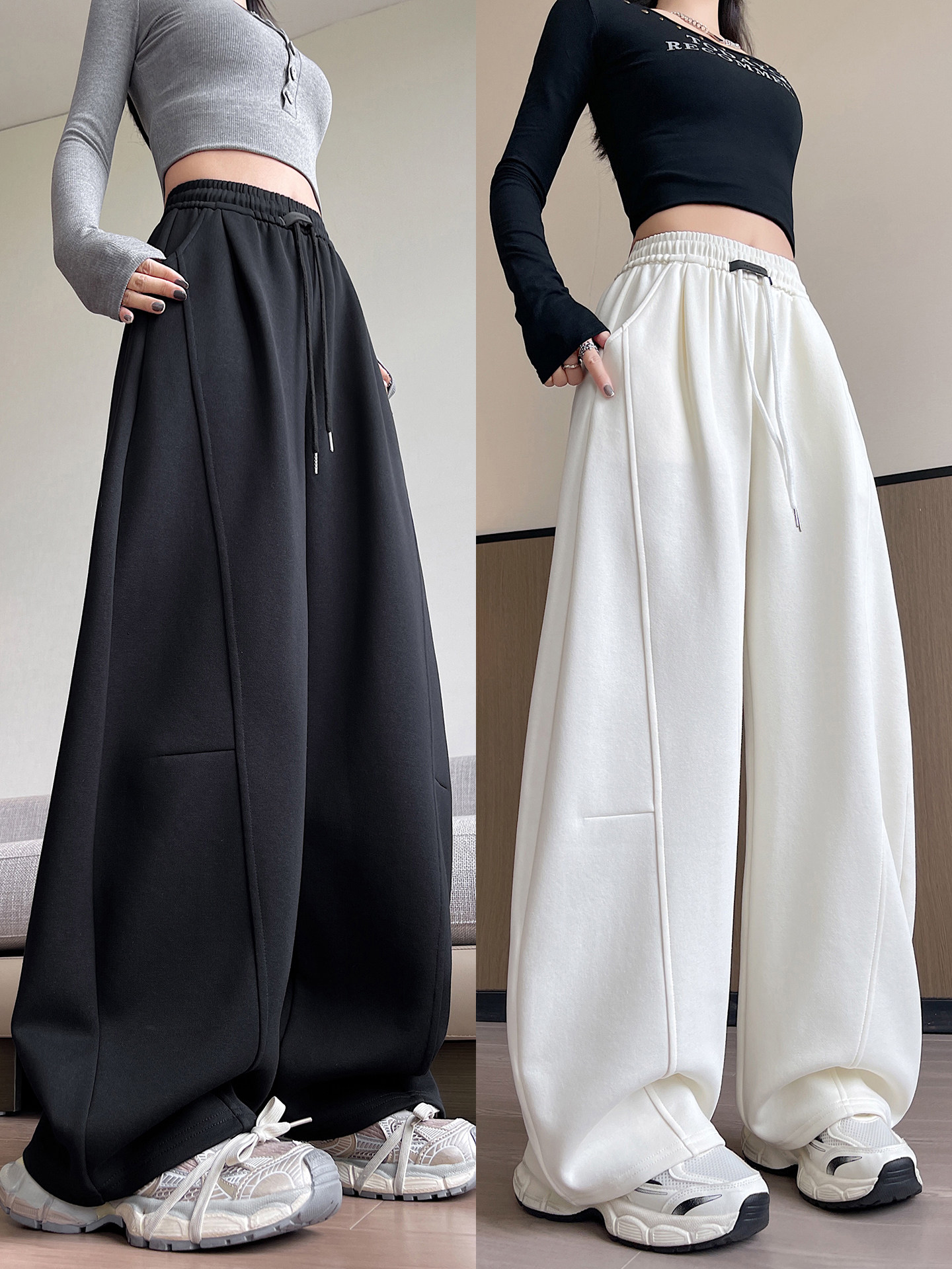 黑色弯刀阔腿裤女春秋2025新款高腰宽松运动卫裤小个子拖地休闲裤