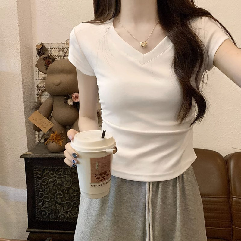 白色V领短袖T恤女 修身显瘦短款体恤 2025新款夏季薄款通勤风韩版