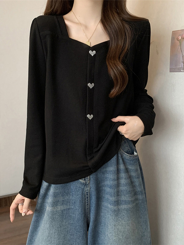 黑色正肩长袖t恤女秋冬2025新款宽松大码设计感v领打底衫内搭上衣