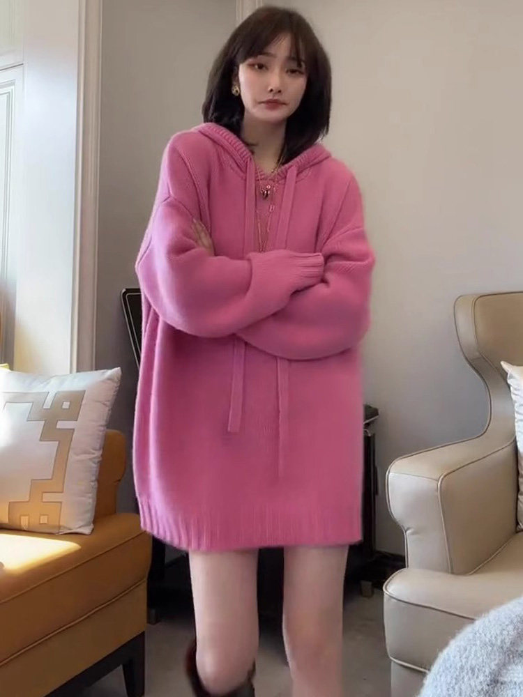 连帽卫衣女秋冬加厚2025新款宽松慵懒风中长款毛衣针织衫外套上衣