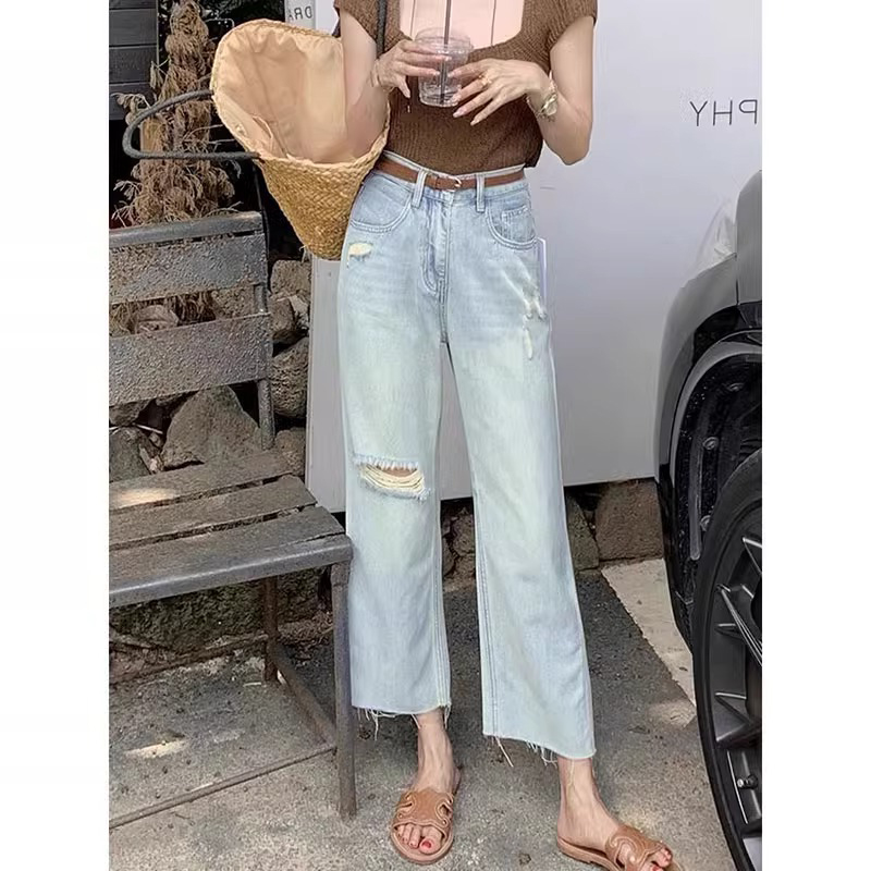 破洞牛仔裤女夏季薄款2025新款高腰垂感直筒大码小个子九分阔腿裤