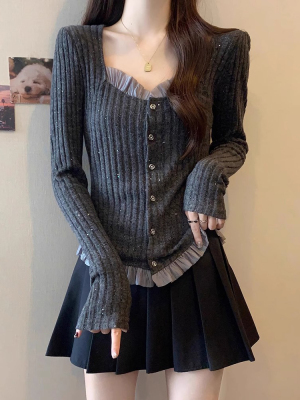 方领打底衫女秋冬2025新款内搭时尚洋气大码毛衣针织衫木耳边上衣