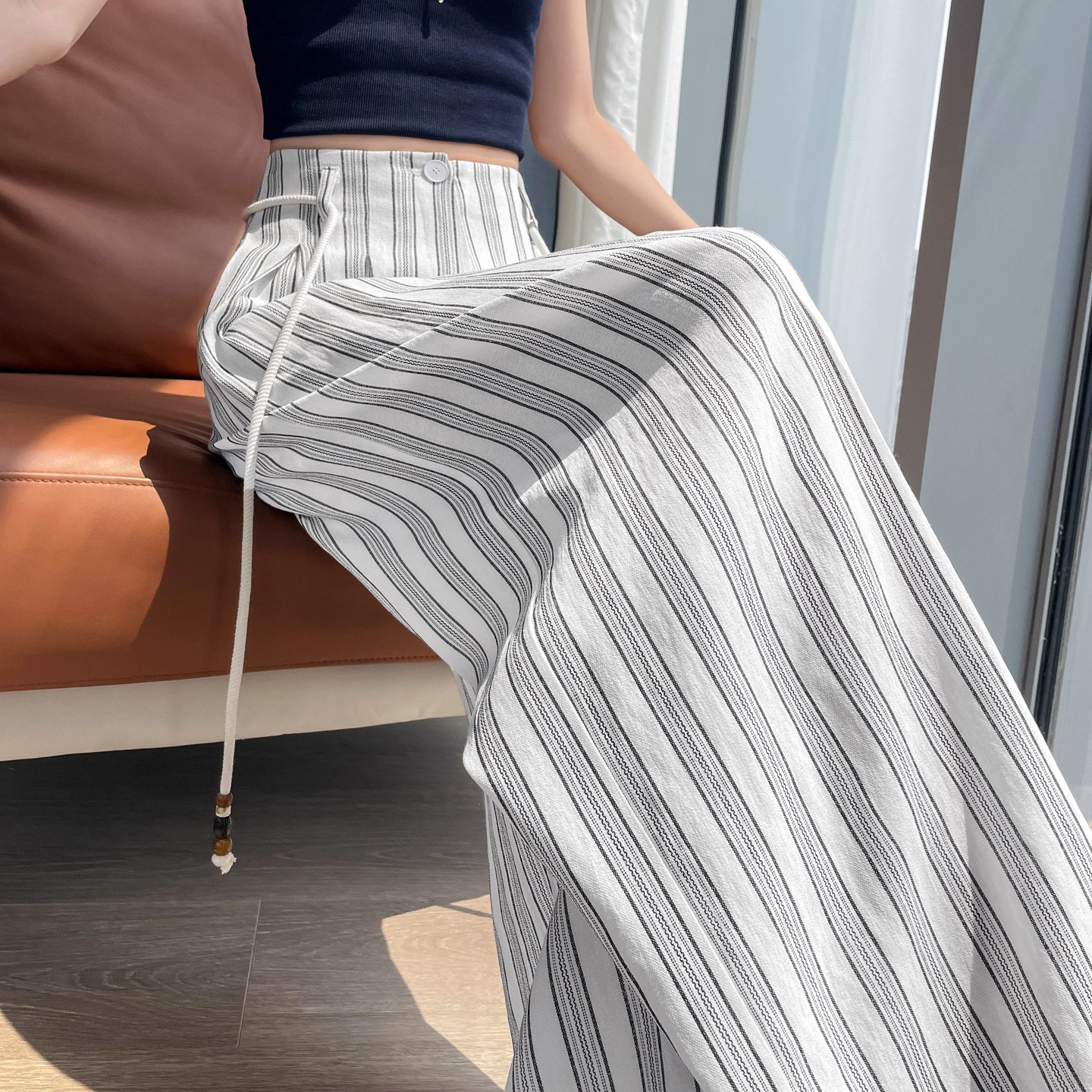 棉麻条纹西装裤女夏季薄款2025新款高腰垂感宽松小个子休闲 宽裤