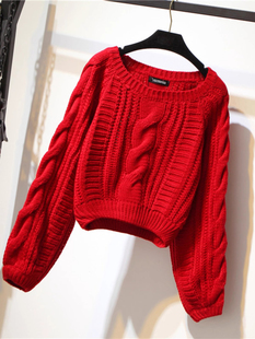 红色毛衣女秋冬加厚2025新款宽松外穿慵懒风小个子短款针织衫上衣