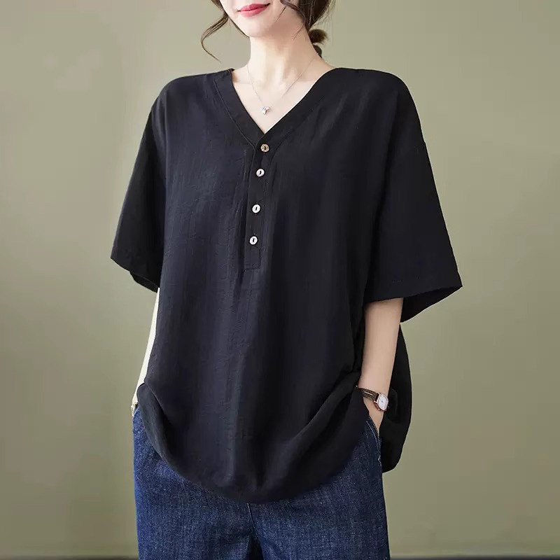 棉麻短袖t恤女夏季薄款2026新款宽松大码胖mm显瘦v领休闲半袖上衣