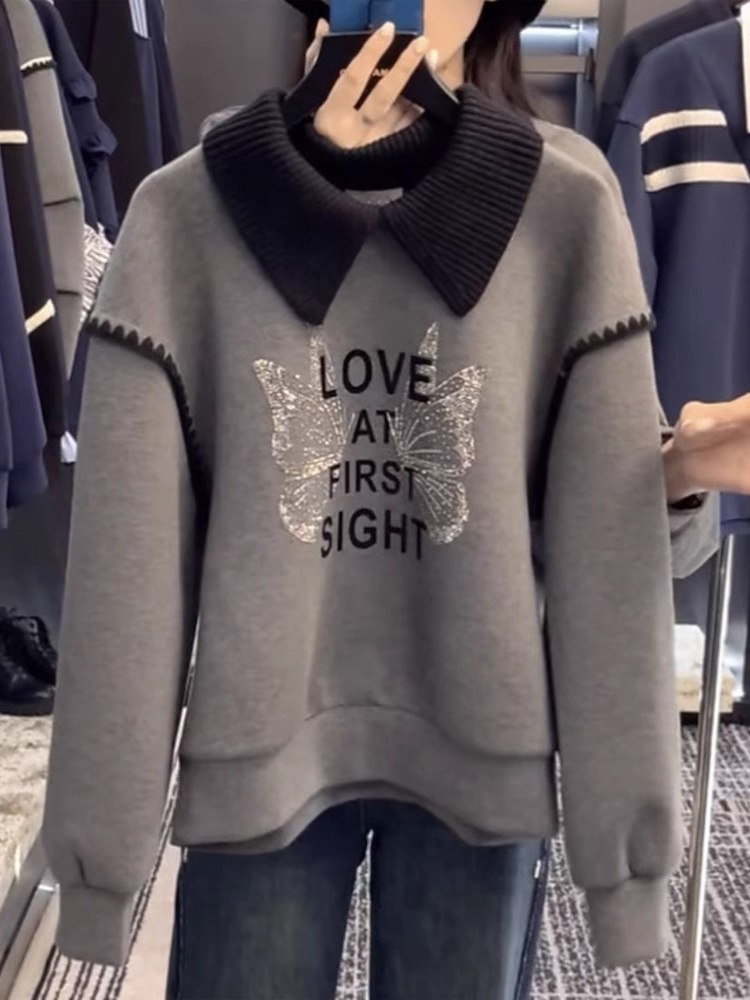 假两件卫衣女秋冬加绒加厚2025新款宽松慵懒风时尚洋气小个子上衣