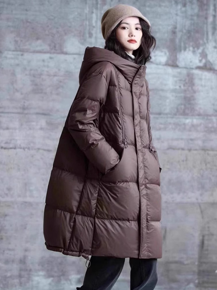 中长款羽绒服女冬季加厚2025年新款时尚洋气白鸭绒连帽面包服外套