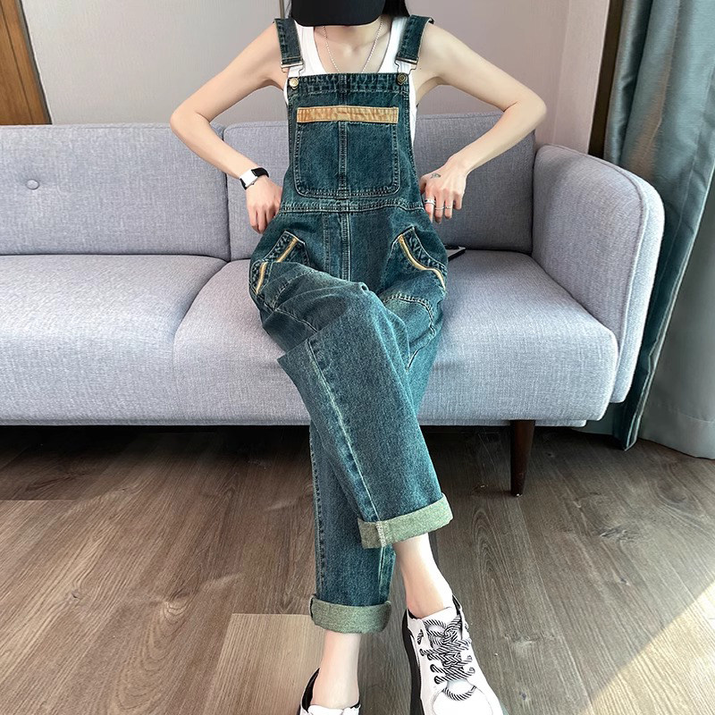 工装牛仔背带裤女夏季薄款2026新款美式复古小个子直筒阔腿连体裤