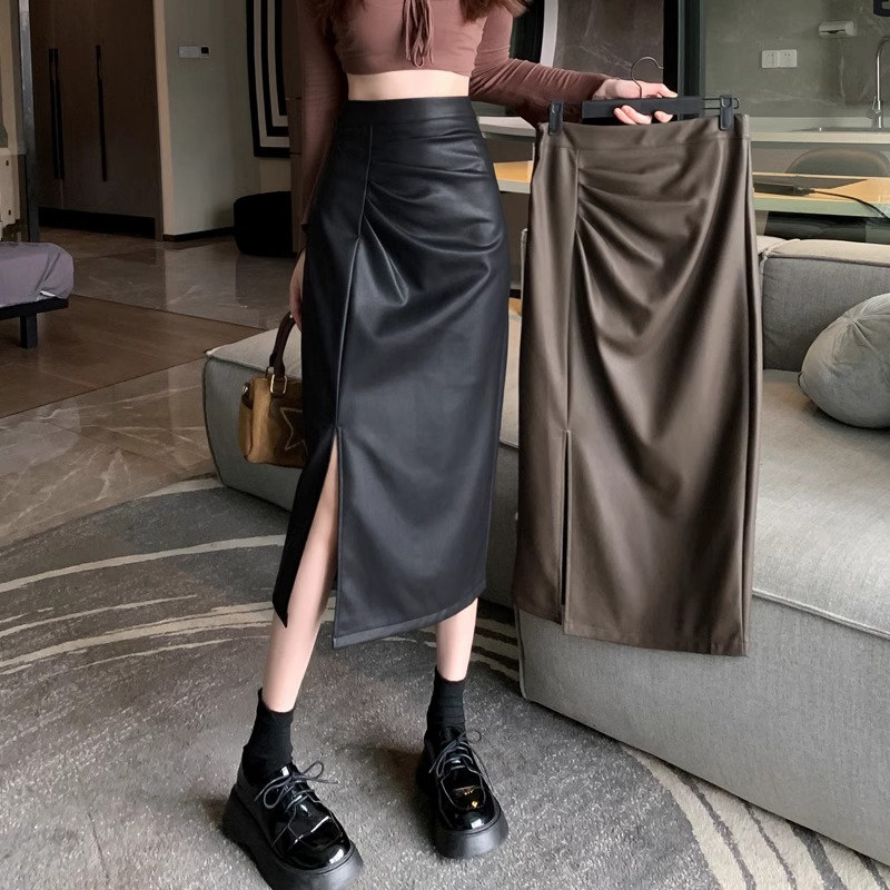 皮裙半身裙女秋冬季2025新款高腰显瘦a字中长款开叉包臀一步裙子