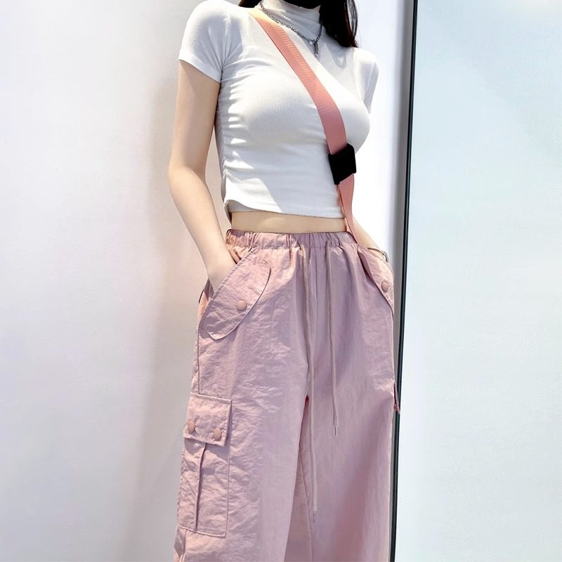 粉色工装裤女士夏季2026新款高腰美式小个子休闲速干运动阔腿裤子