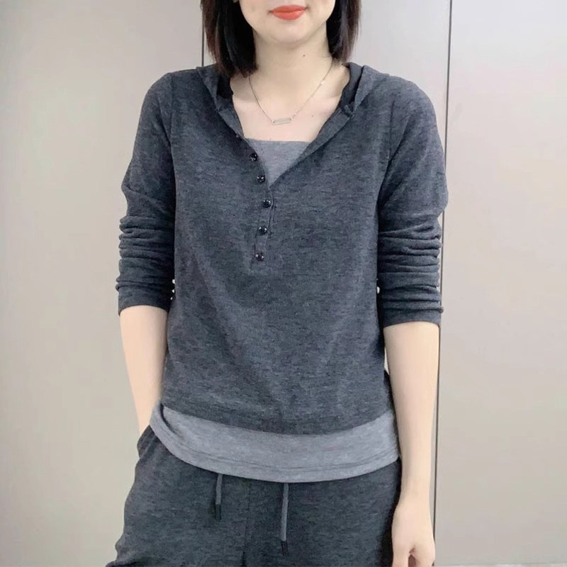 连帽卫衣女春秋季薄款2026新款时尚洋气假两件长袖t恤打底衫上衣