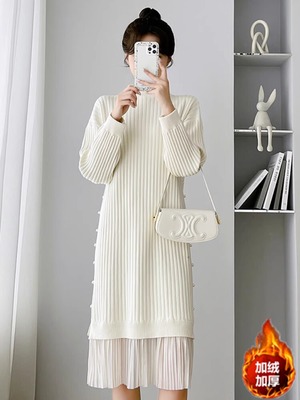 针织连衣裙女秋冬2025新款加绒加厚中长款配大衣内搭打底毛衣裙子