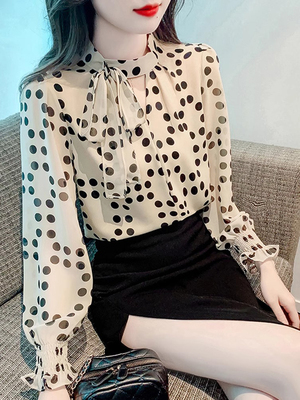 雪纺衬衫女长袖春秋季2025新款法式设计感小众波点衬衣蝴蝶结上衣