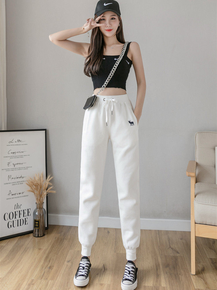 白色运动裤女性夏季薄2025新宽松的腿-领带小休闲时尚纯棉卫生裤