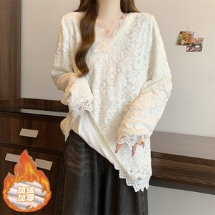 蕾丝v领打底衫女秋冬加绒2025新款高级感大码胖mm中长款内搭上衣