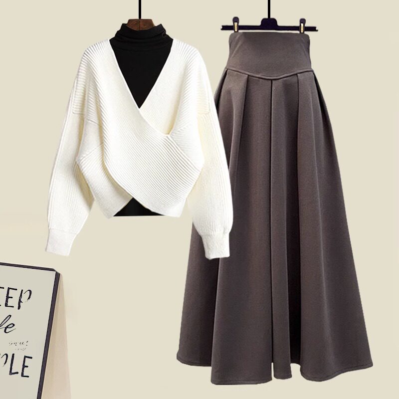 套装女秋冬2025新款慵懒风毛衣高领打底衫半身裙子休闲 时尚三件