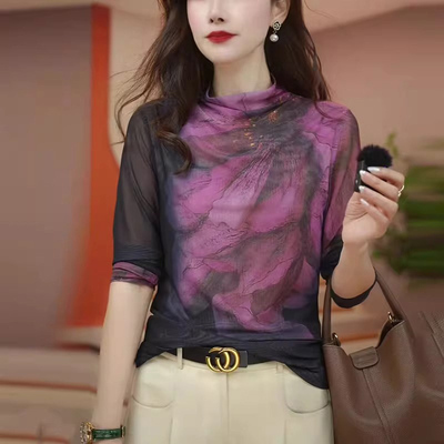 半高领打底衫女秋冬季2025新款内搭时尚洋气时髦网纱长袖t恤上衣