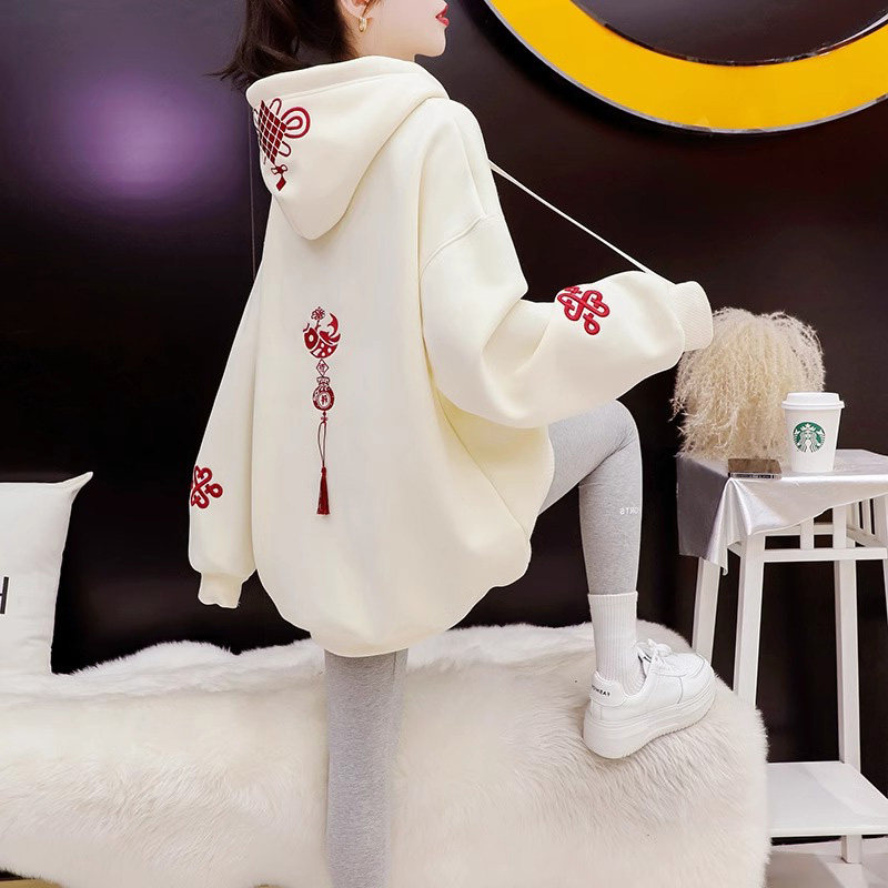 连帽卫衣女秋冬加绒加厚2025新款时尚洋气宽松慵懒中长款上衣外套