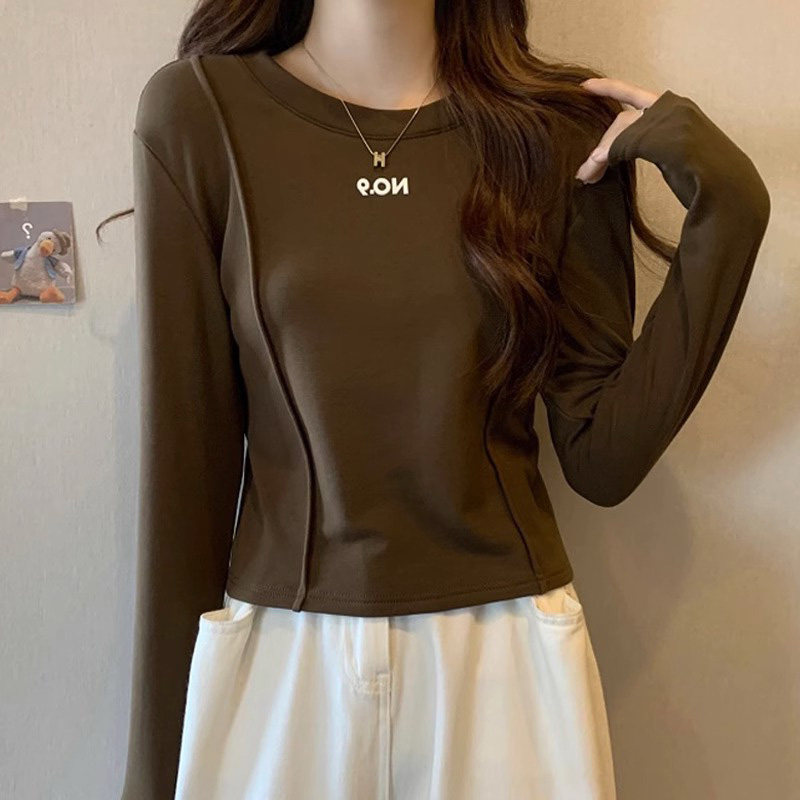 长袖t恤女春秋季2025新款修身短款小个子时尚洋气打底衫内搭上衣