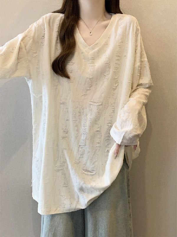 白色v领长袖t恤女春秋2025新款宽松慵懒风大码胖mm打底衫内搭上衣